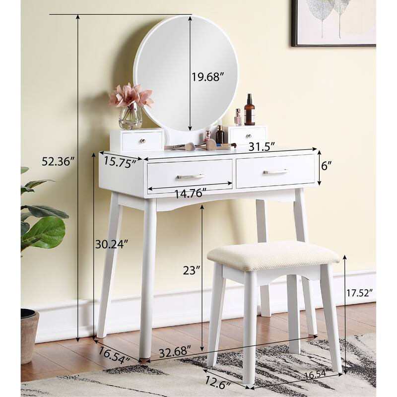 Liannon Contemporary Wood Vanity and Stool Set,Round Mirror