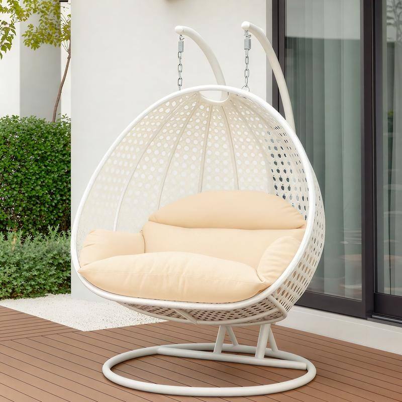 Egg-Shaped Swing Chair with Stand 2-Person Outdoor Patio Swing - Iron Frame & All-Weather Washable Cushions