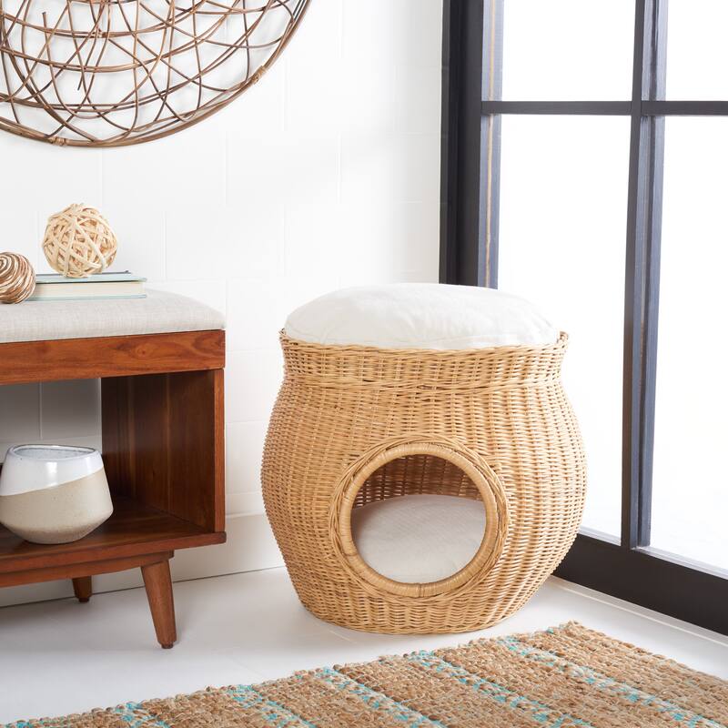 SAFAVIEH Pet Collection Suli Cat Bed W/ Cushion - 17 IN W x 16.5 IN D x 13 IN H - Polyester - 17 IN W x 16.5 IN D x 13 IN H - White/Honey Natural