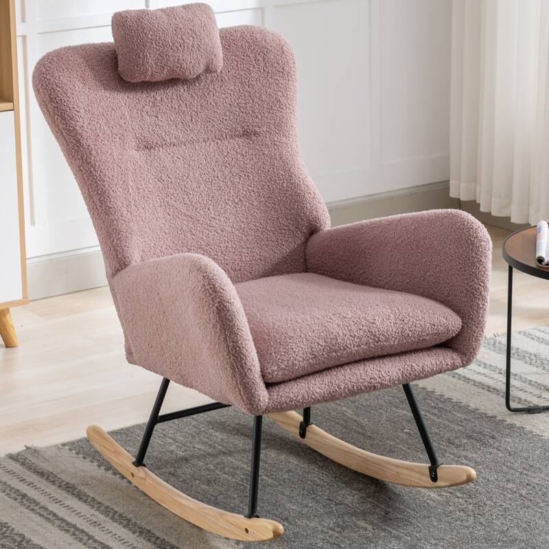 Teddy Fabric Wingback Rocking Chair for Nursery with Safe Solid Wood Base