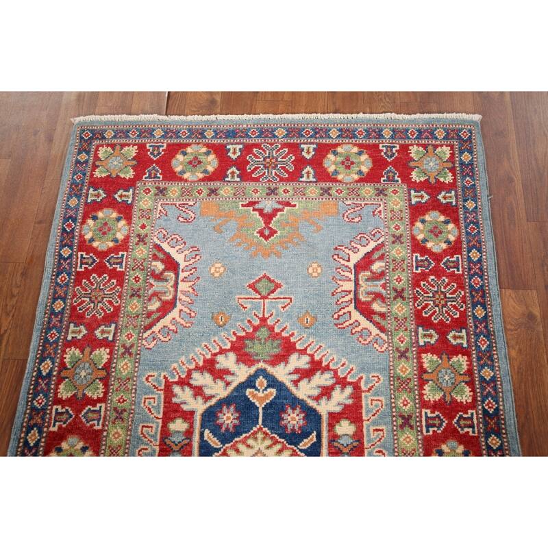 Light Blue Geometric Kazak Rug Entryway Hand-Knotted Wool Carpet - 3'1" x 4'11"