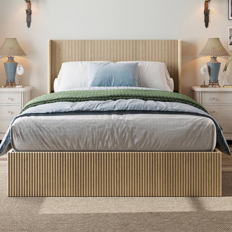 A large raised and undulating storage bed frame with grooves - Oak