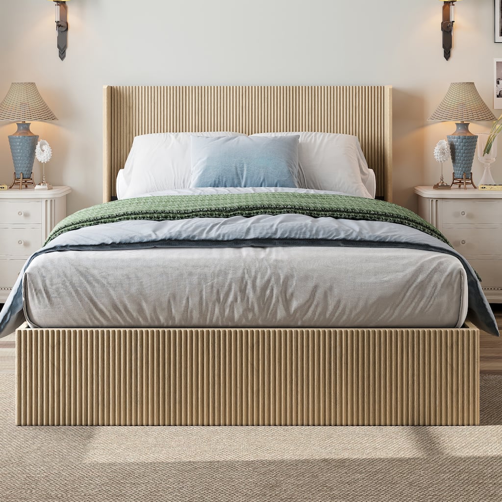 Modern Synthetic Wood Storage Bed with Lift-Up Platform and Fluted Headboard by GDFStudio