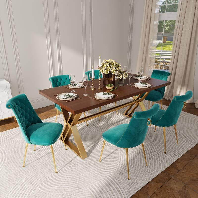 7-Piece Clihome Walut Wood Dining Table with Velvet Chair Dining Chair - Green