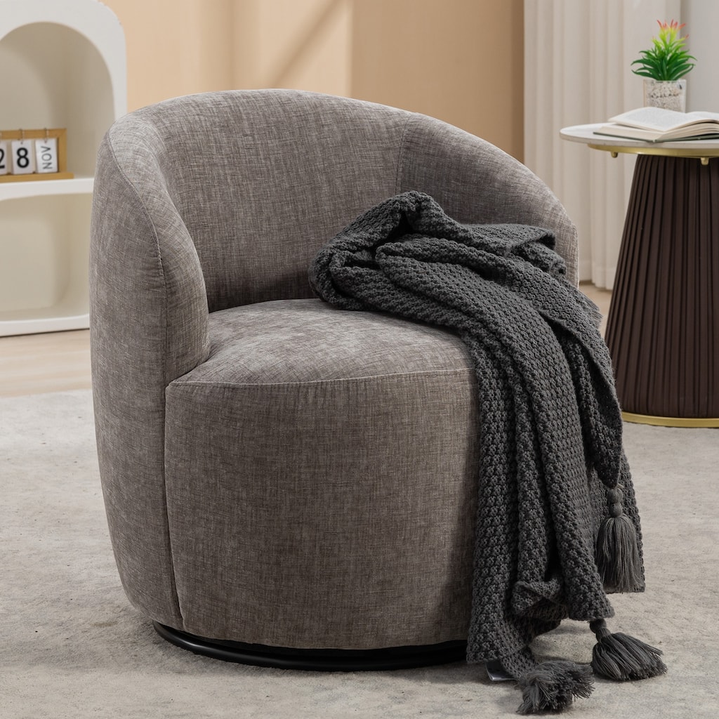 Gray Chenille 25.6" Swivel Barrel Chair with Black Coating