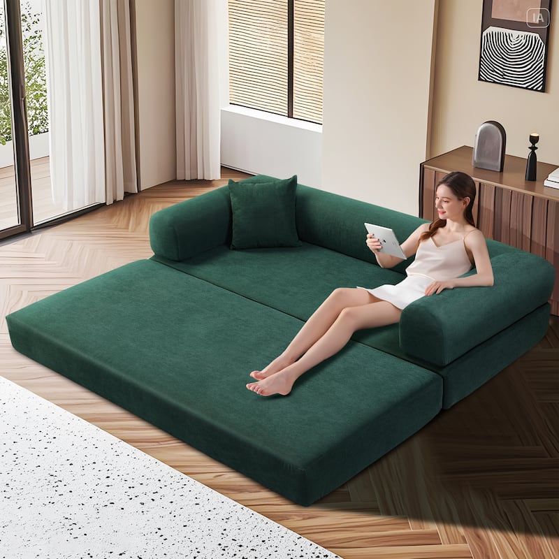 3-in-1 Convertible Sleeper Sofa with Pillows & Storage - Dark Green