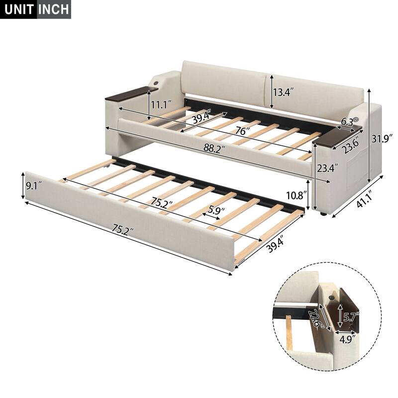 Twin Size Upholstery Daybed with Storage Arms, Trundle and USB Design