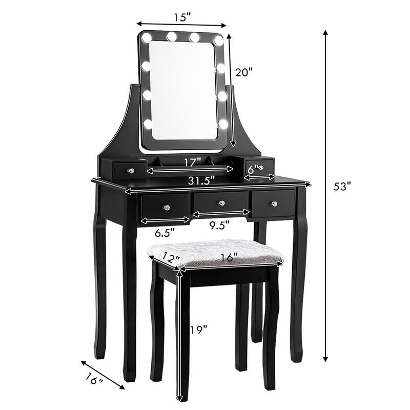 Costway Vanity Dressing Table Set w/ 10 Dimmable Bulbs Touch Switch