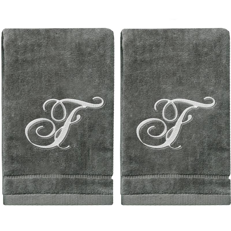Soft Velour Silver Monogrammed Towels Fingertip - Set of 2 - F