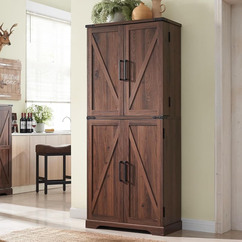 72" Tall Farmhouse Kitchen Pantry, Storage Cabinet with Barn Doors - N/A - Brown