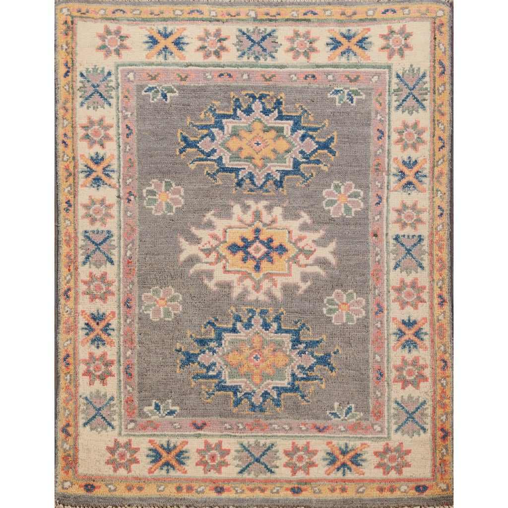 Geometric Kazak Foyer Rug Hand-Knotted Oriental Grey Wool Carpet - 2'0"x 3'0"