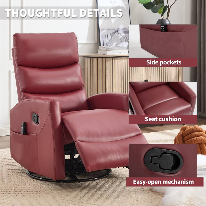 Roomfitters Manual Swivel Rocker Recliner Chair with Heat and Massage Fabric Glider Lounge Sofa for Living Room