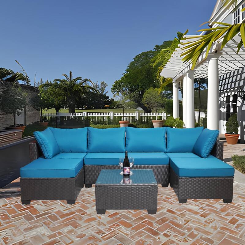Black+Light Blue 7-piece Outdoor Garden Patio Sofa Sets with Coffee Table, Rust-Resistant Metal Frame