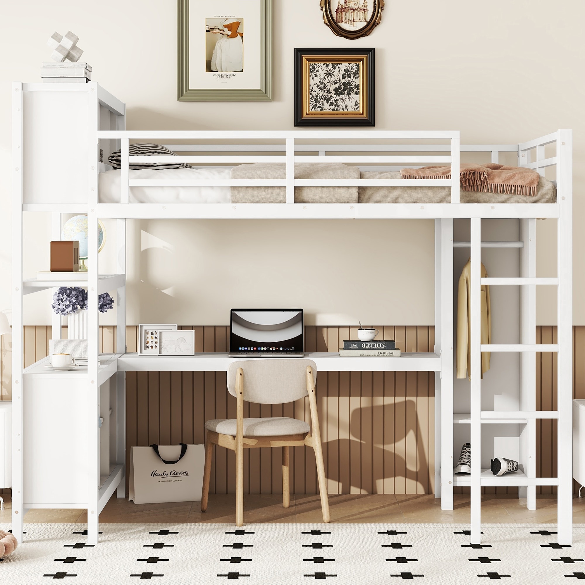 Full-Size Loft Bed with Wardrobe, L-Shaped Desk, Storage Cubes, and Shelves - Heavy-Duty Metal Frame.