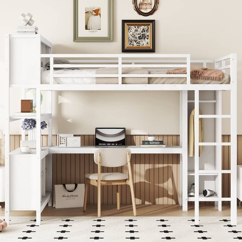 Full Size Metal Loft Bed with Wardrobe, L-shaped Desk, and Storage Shelves, White