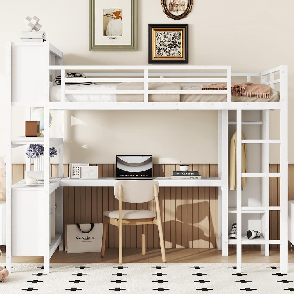 Heavy Duty Metal Loft Bed with Wardrobe, L Shaped Desk, All-In-One Cubes and Top Bookshelves