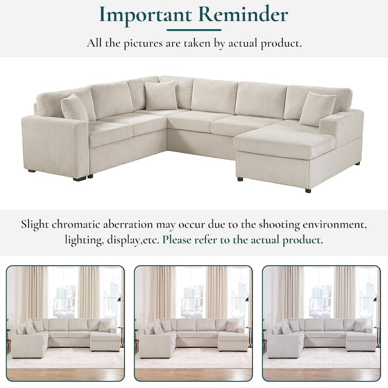 Roomfitters Oversized U-Shaped Sectional Sofa with Chaise Lounge and 3 Throw Pillows for Living Room