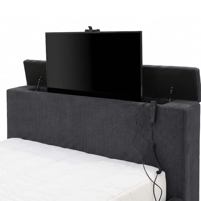 Furniture of America Gaia Modern Chenille Bed with 50-inch TV Lift and 3D Fireplace Simulator