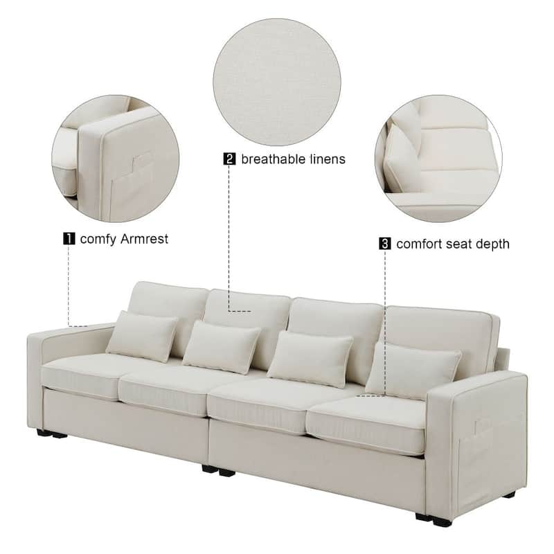 104" 4-Seater Modern Linen Fabric Sofa with Armrest Pockets and 4 Pillows
