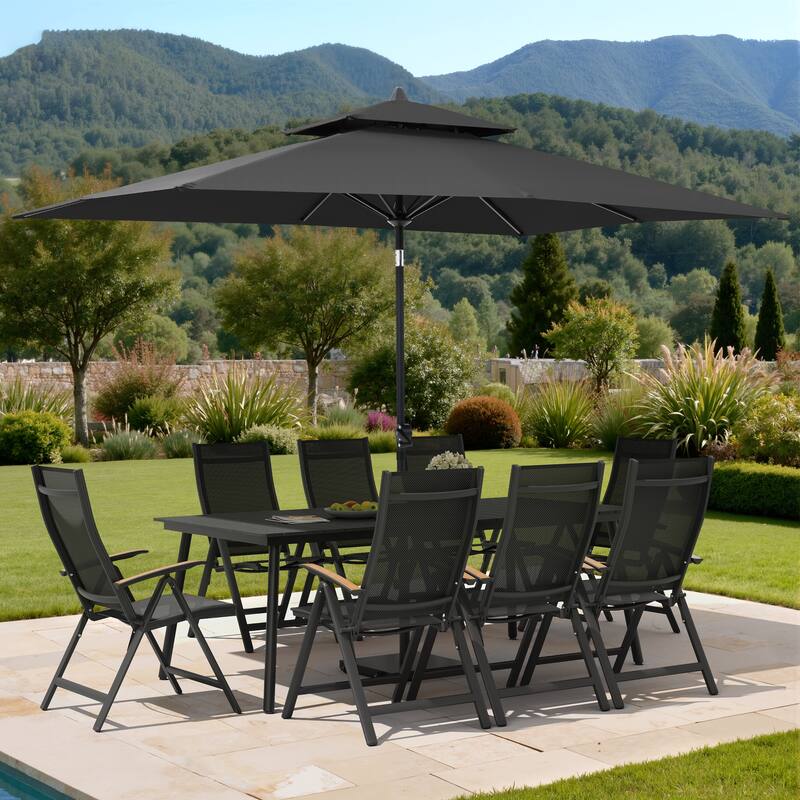 11PC Outdoor Patio Dining Set WoodLike Aluminum Umbrella Hole Table with Folding Chair,Double Top Market Umbrella and Wheel Base - BlackTable&BlackChairs&BlackUmbrella