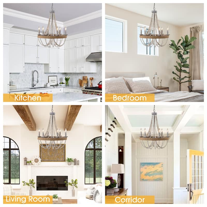 23.6" Farmhouse 6-Light Wood Bead Hemp Ropes Candle Chandelier - 23.6" L x 23.6" W x 22.7" H