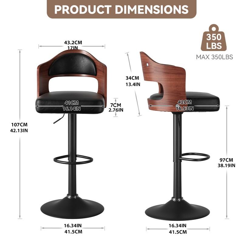 Swivel Bar Stools Set of 2 Seat Adjustable Height 24.5-33.5IN, Wooden Barstools PU Leather Upholstered Bar Chairs