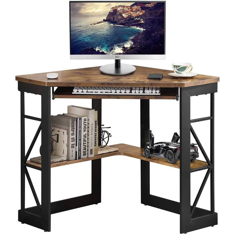 Triangle Wooden Corner Computer Desk with Storage Shelves and Keyboard Tray