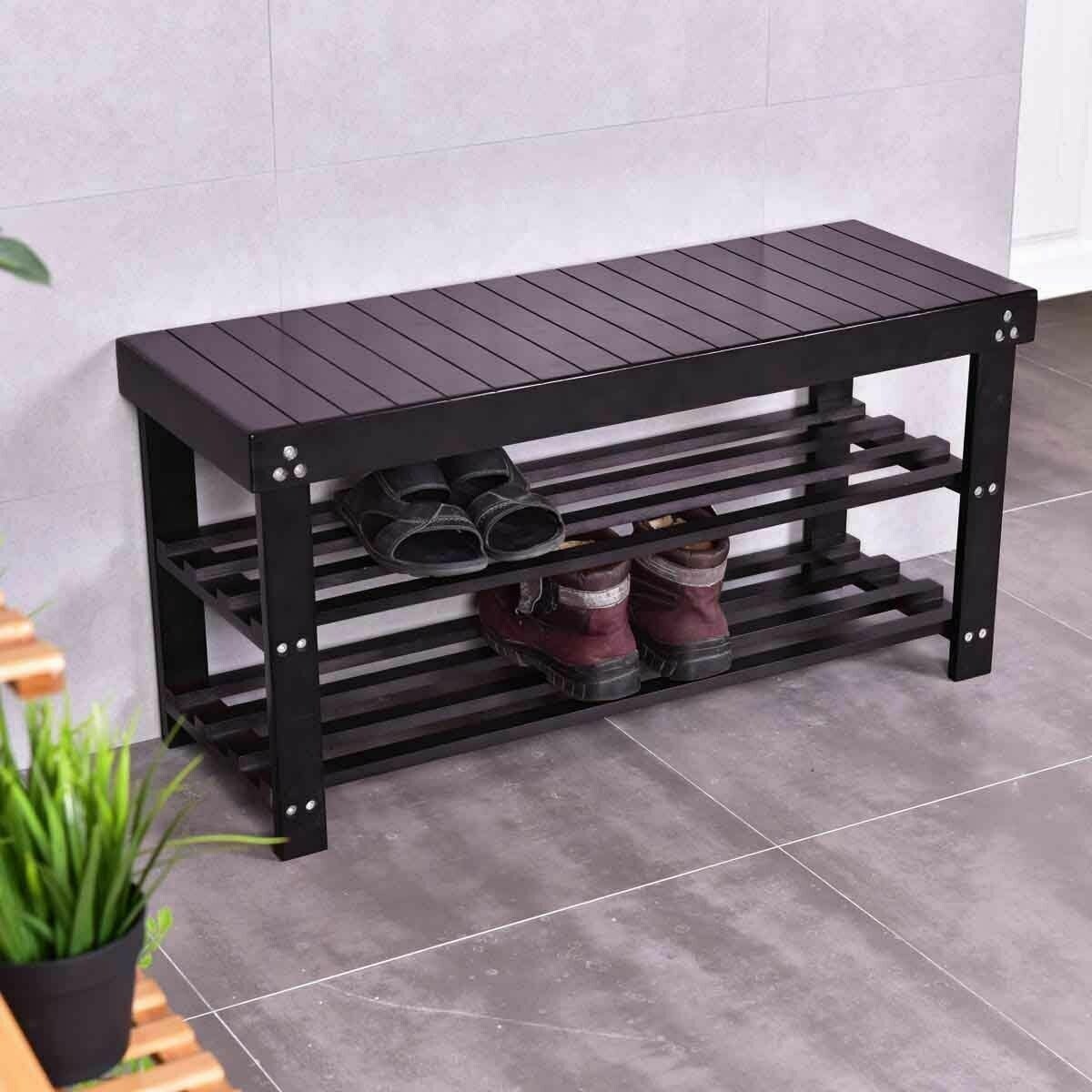 Shop Costway Solid Wooden Shoe Bench Storage Racks Seat Organizer