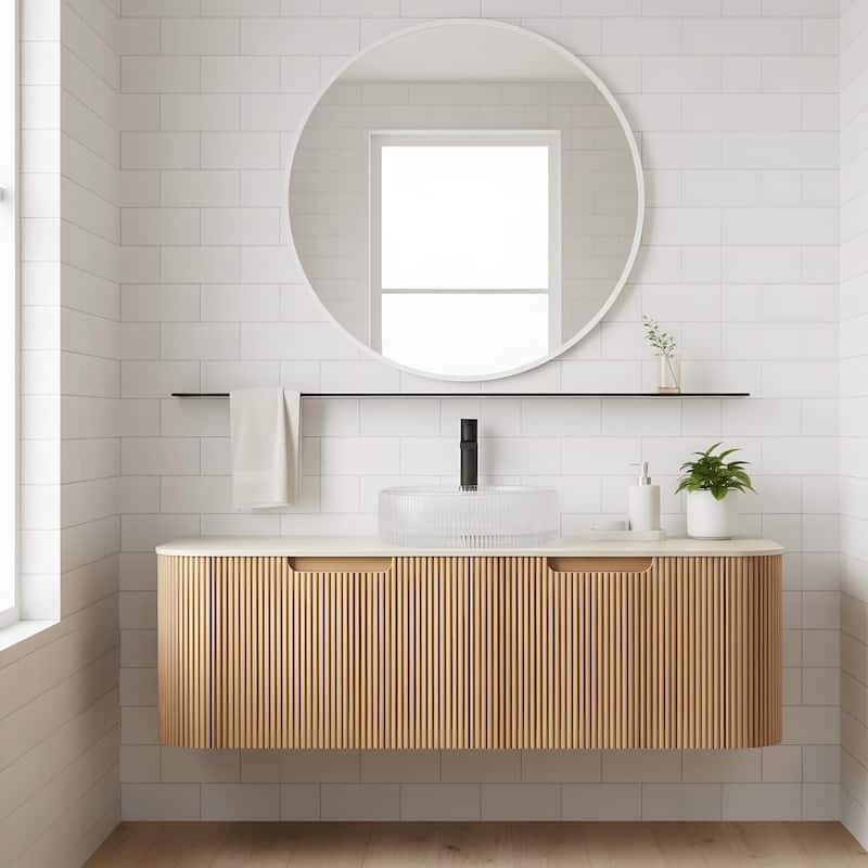 Floating Bathroom Vanity with Transparent Round Glass Basin - 48 - Light Natural Wood