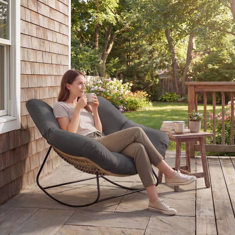 Outsunny Papasan Rocking Chair, Wicker Oversized Indoor Outdoor Rocking Chair with Cushion