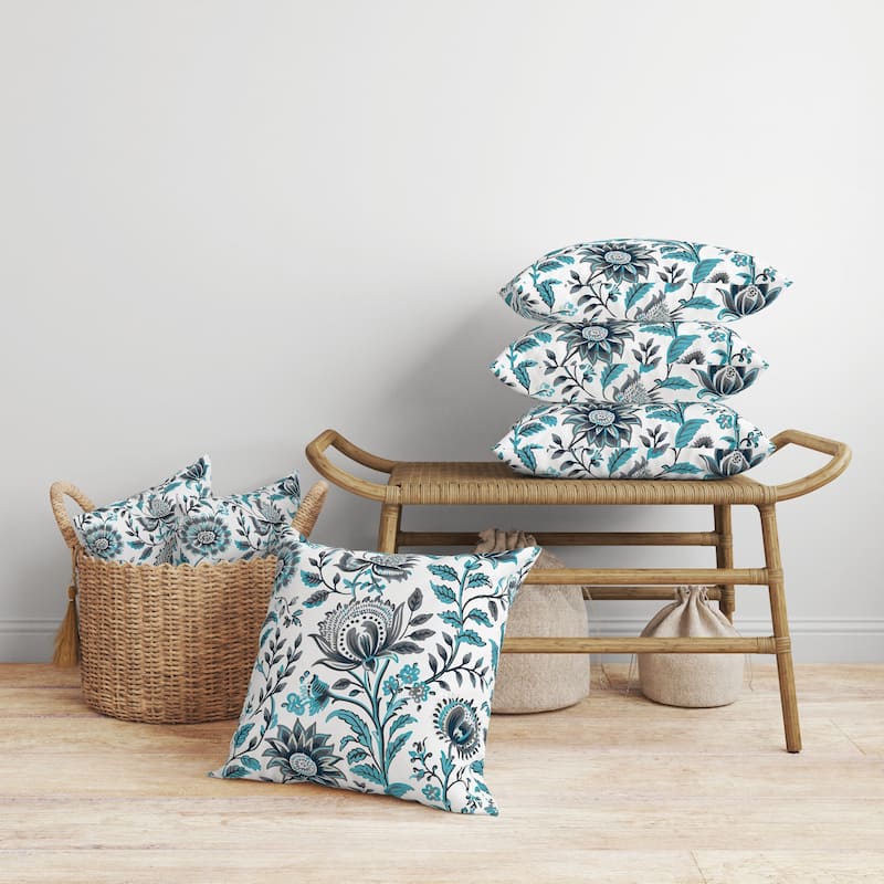 Grey And Turquoise Sanganeri Block Print Faux Suede Throw Pillow Zipper