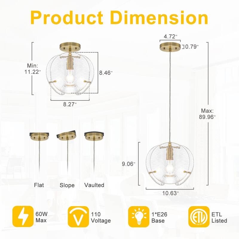 10.6" 1-Light Modern Brass Pendant Light with Clear Glass Shade - Dia.8-in