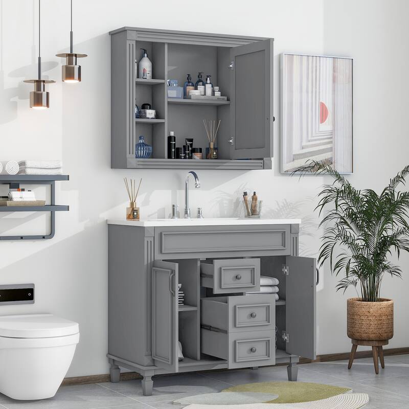 36'' Bathroom Vanity Combo Set with Mirror Cabinet, Modern Bathroom Storage Cabinet with 2 Soft Closing Doors and 2 Drawers