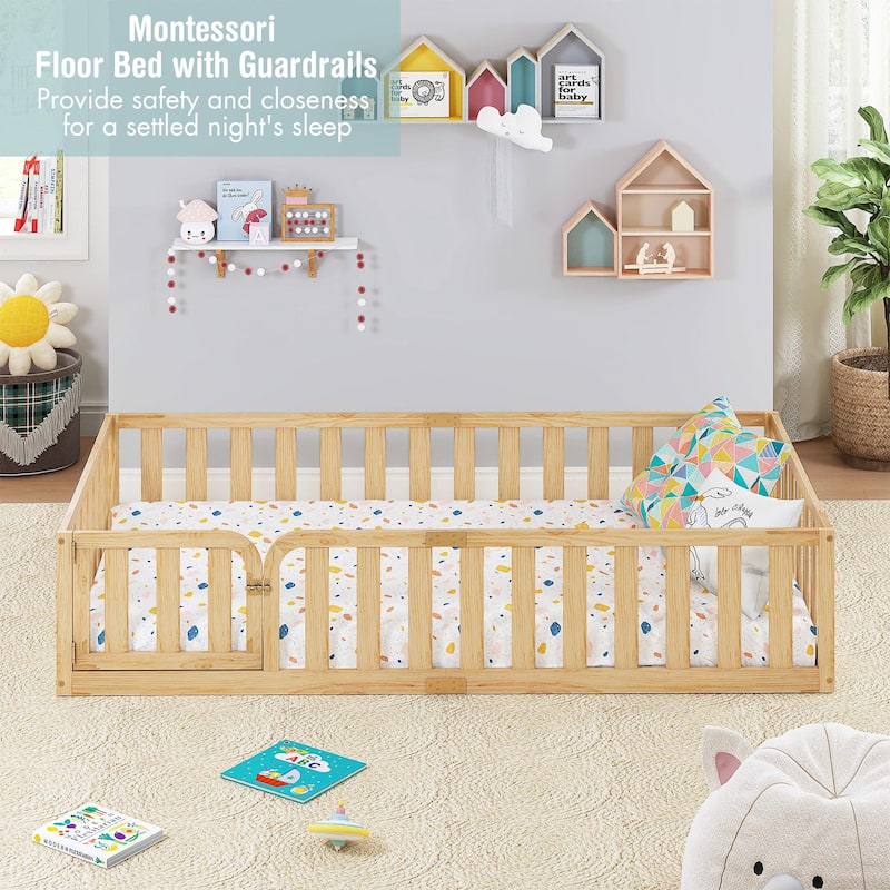 COSTARS Toddler Floor Bed with Rails for Kids, Montessori Wooden Twin Bed Frame with Door, Low to Ground