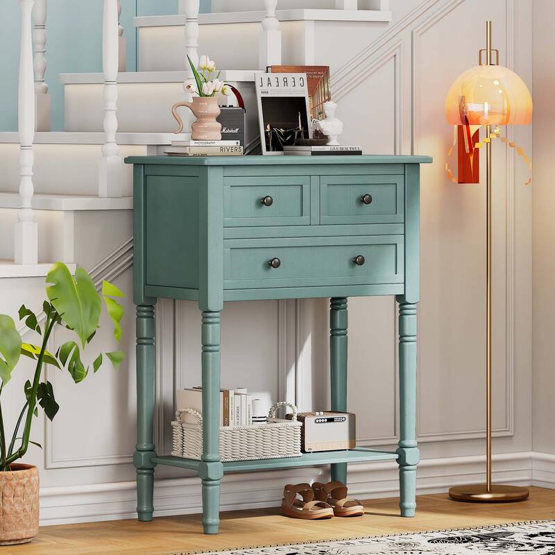 Narrow Console Table with Drawers and Bottom Shelf - Light Blue