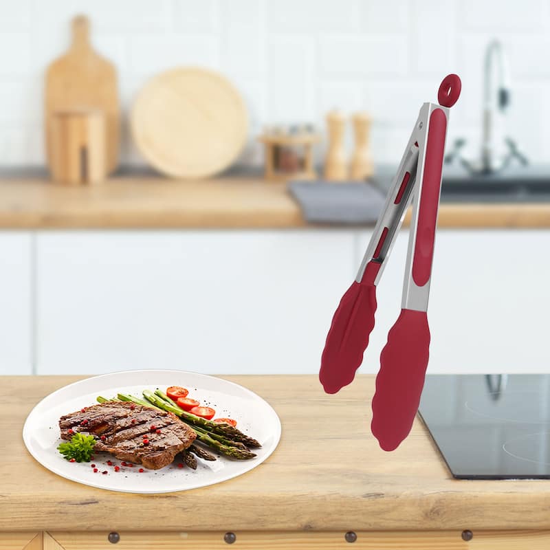 Stainless Steel Kitchen Tongs Silicone Tipped BBQ Cooking Tongs