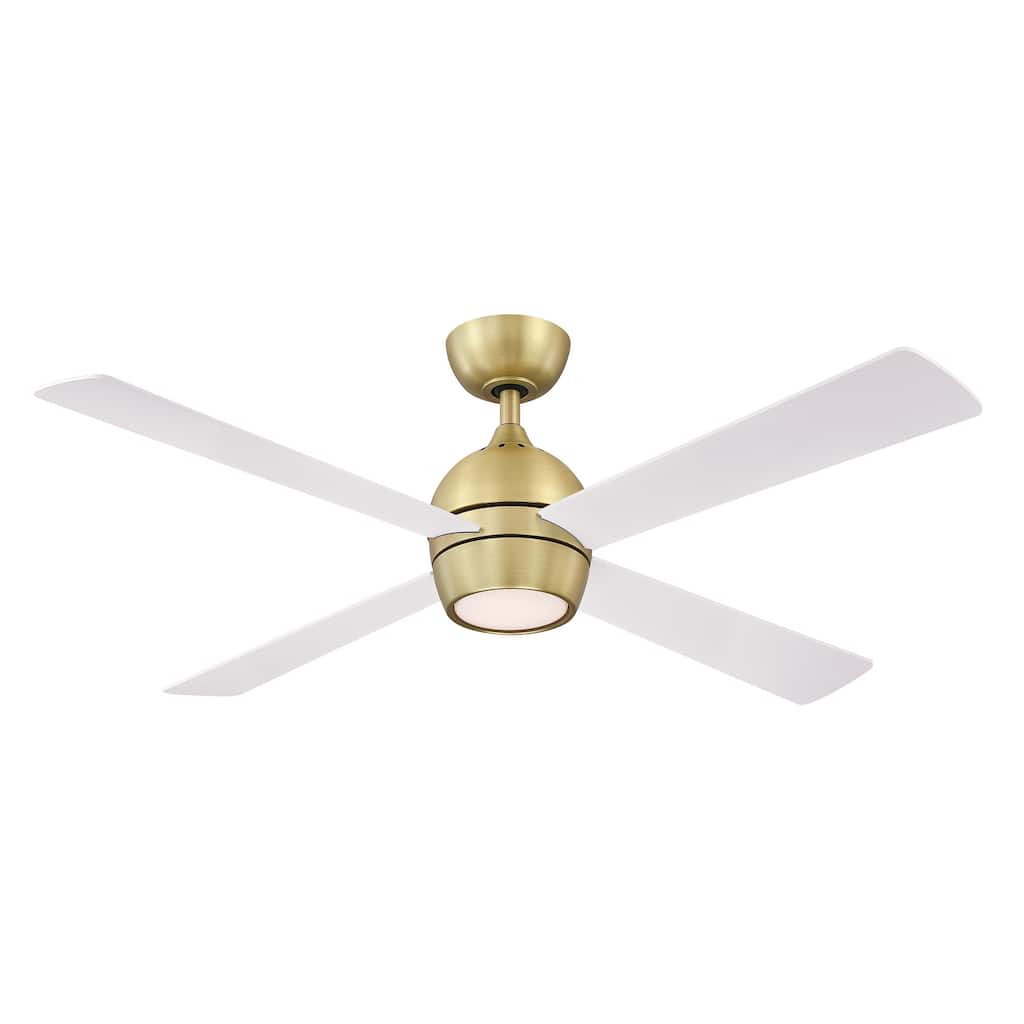 Fanimation Kwad 52 inch Indoor Ceiling Fan with LED Light Kit and Remote - Brushed Satin Brass with Matte White Blades