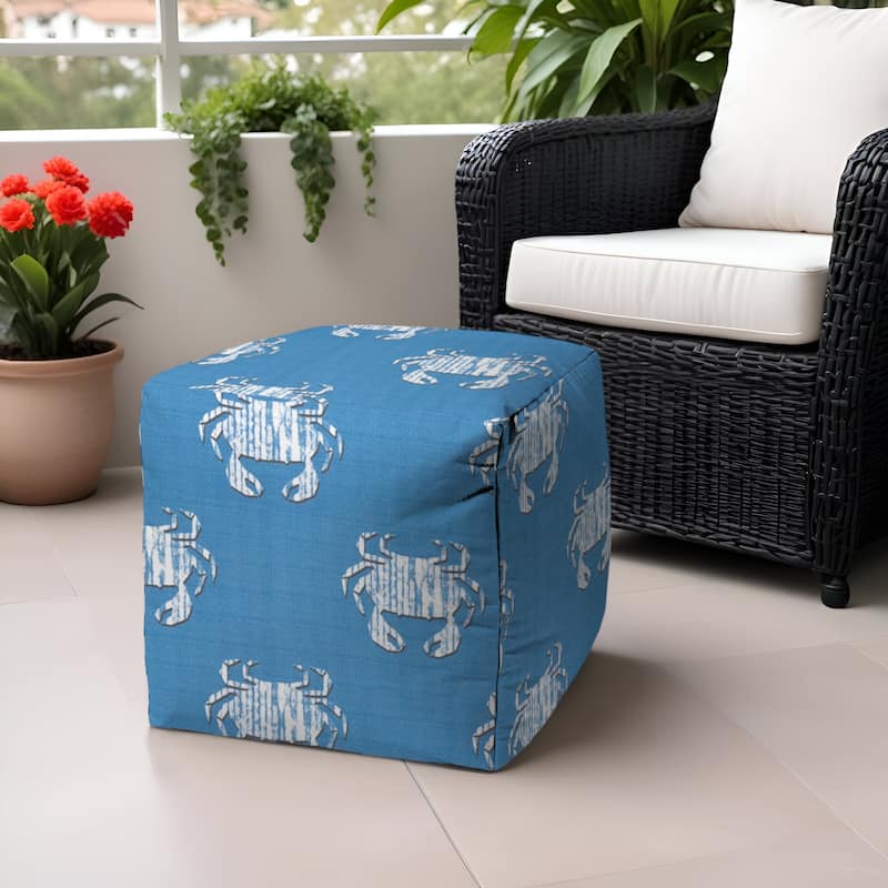 HomeRoots 17" Blue and White Polyester Cube Crab Outdoor Pouf Ottoman - 17' X '17' X '17 - 17' X '17' X '17