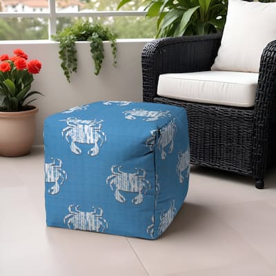 HomeRoots 17" Blue and White Polyester Cube Crab Outdoor Pouf Ottoman - 17' X '17' X '17
