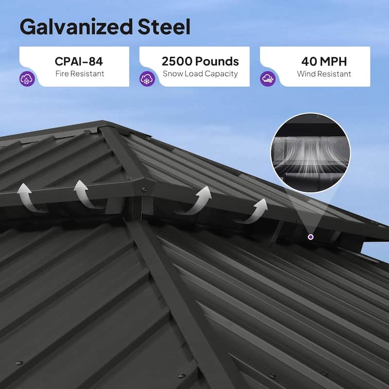 PURPLE LEAF Patio Hardtop Gazebo Pro for Outdoor Grey Galvanized Steel Double Roof White Aluminum Poles