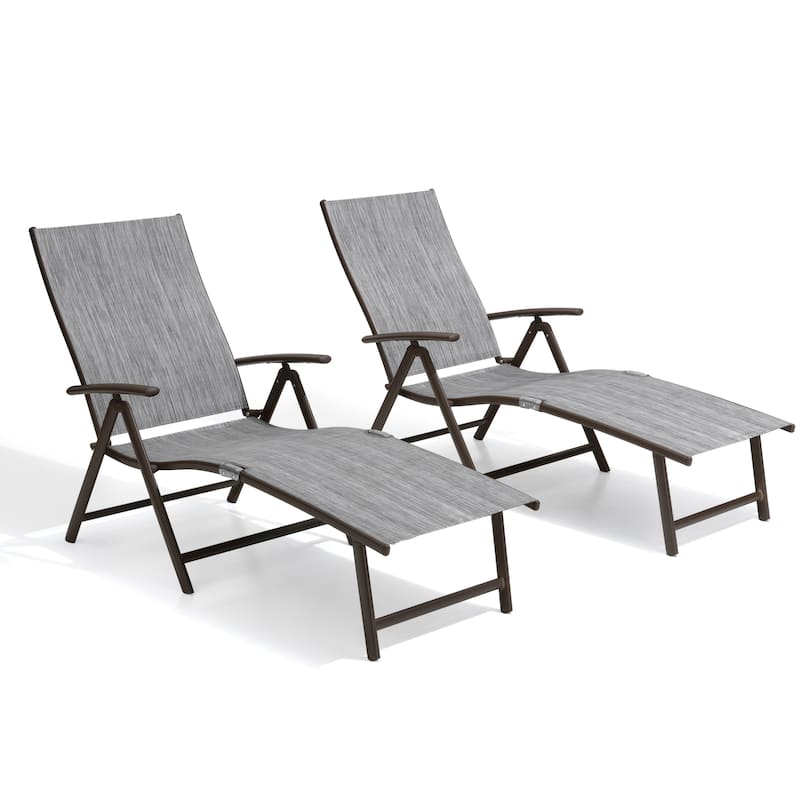 Crestlive Products Outdoor Aluminum Folding Adjustable Chaise Lounge Chair - FabricinBlack&GrayMixed - 2PC