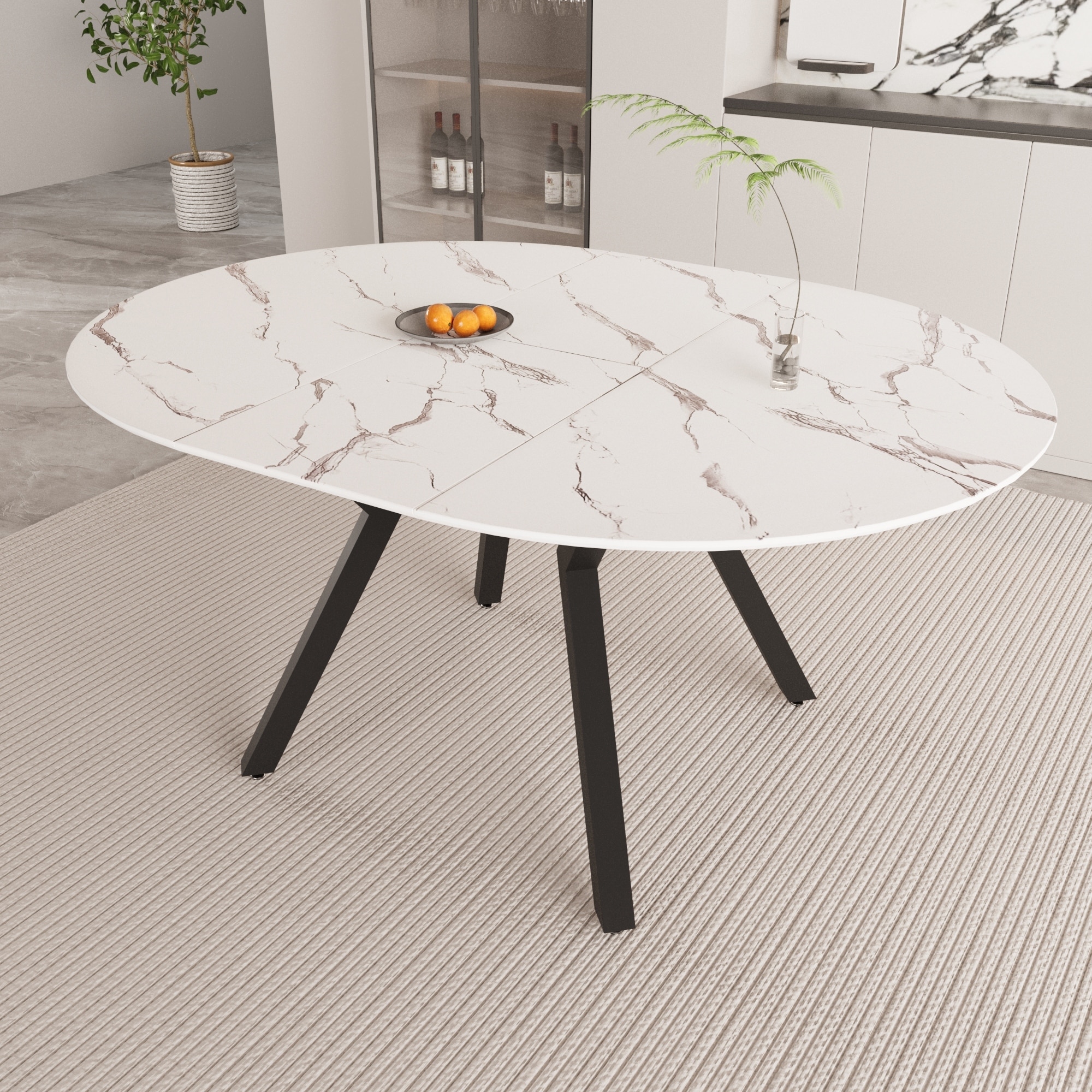 47-63 " Extendable Circular Dining Table, 4-6 Person Kitchen Dining Table, Modern Coffee Table With Mdf Tabletop And Metal Legs