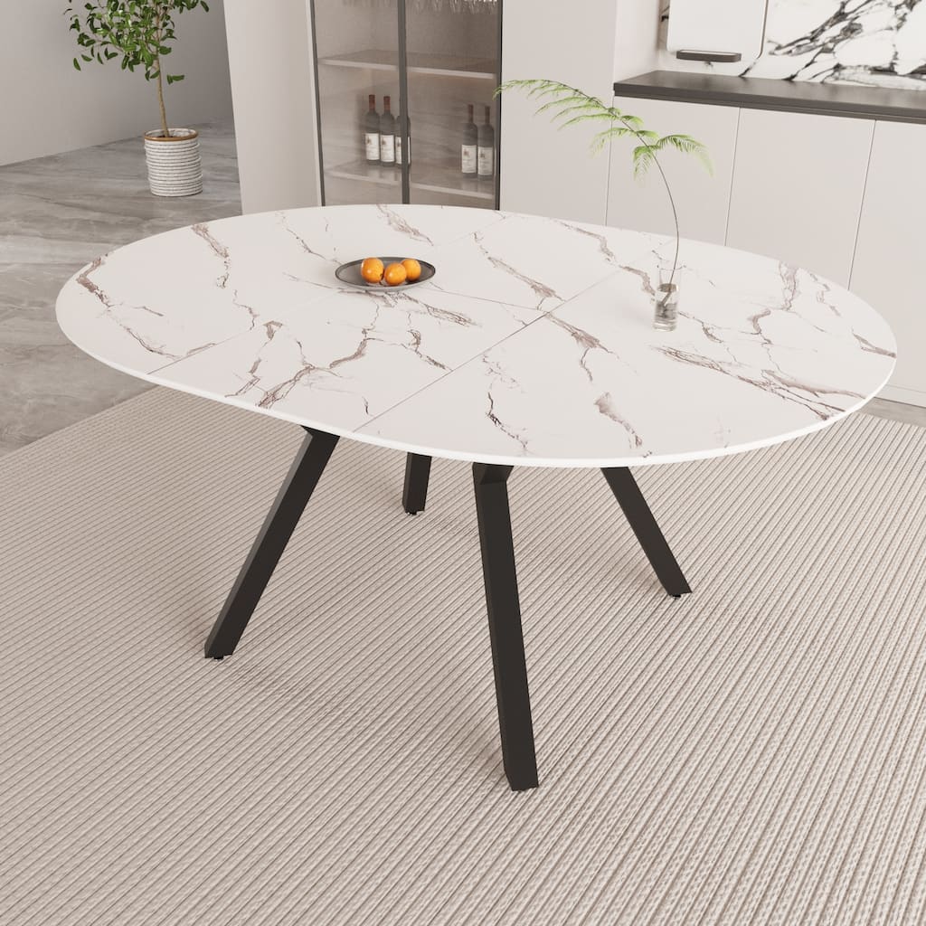 47-63 " extendable white circular dining table, 4-6 person kitchen dining table, modern coffee table with MDF tabletop a