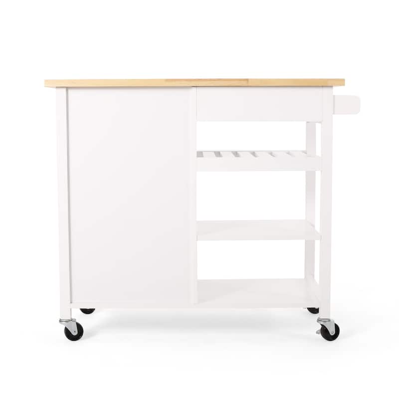 Contemporary Kitchen Cart with Rubberwood Top, Multi-Function Storage Drawer, Open Shelves, Rolling Casters with Locks