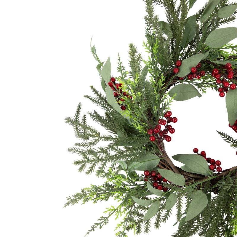 Mixed Foliage Red Berries Artificial Christmas Wreath, 24-Inch, Unlit