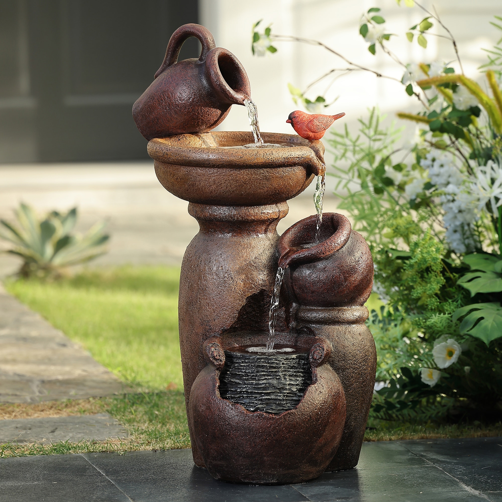 Rustic Brown Resin Pitcher and Urns Birdbath Bowl Outdoor