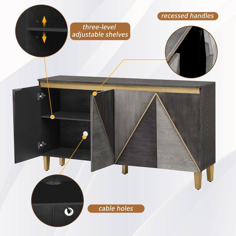 Roomfitters Retro 4-Door Buffet Cabinet with Dimensional Effect Doors, Adjustable Shelves for Dining Kitchen or Living Room