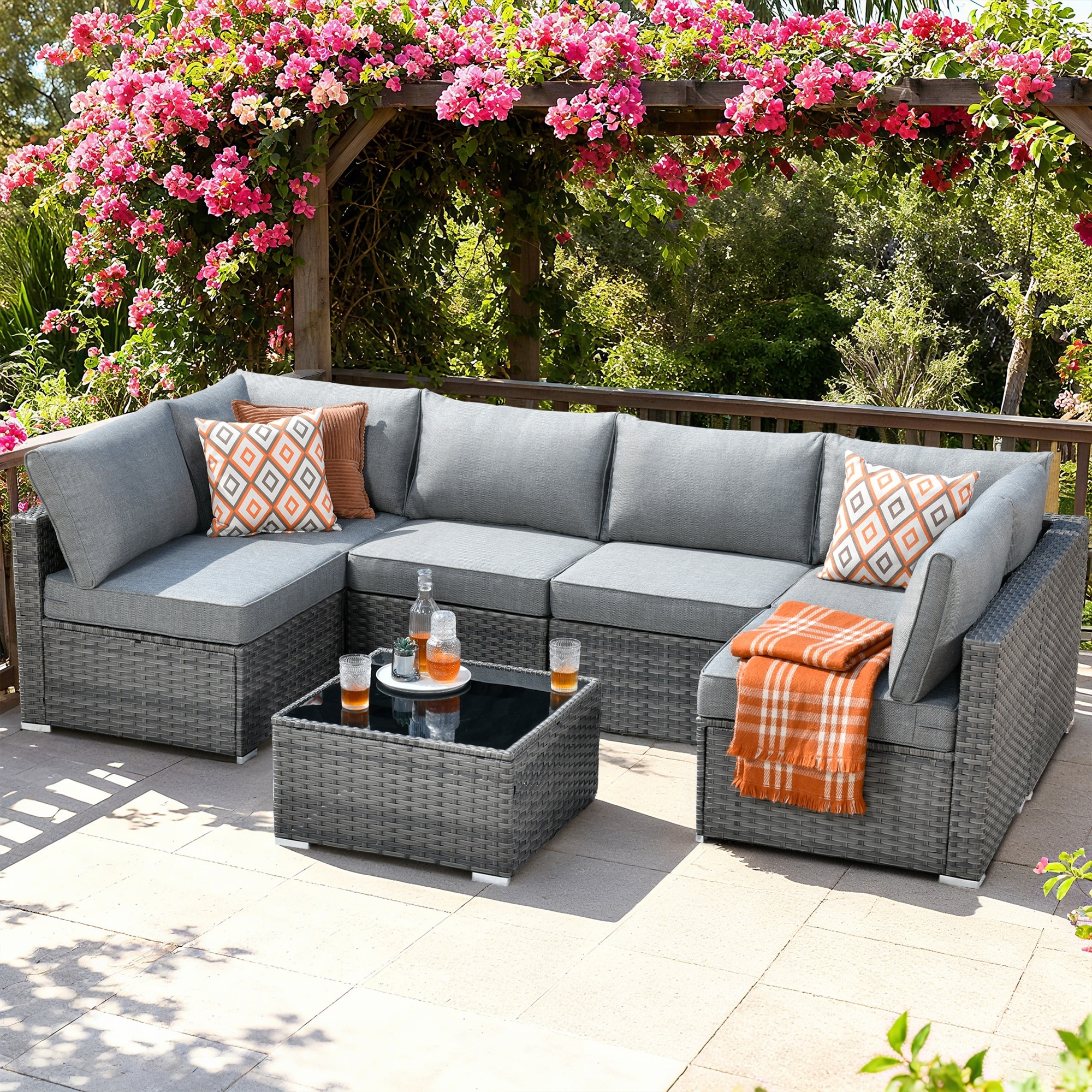 HOOOWOOO 7-piece Grey Rattan Wicker Outdoor Furniture Sectional Set