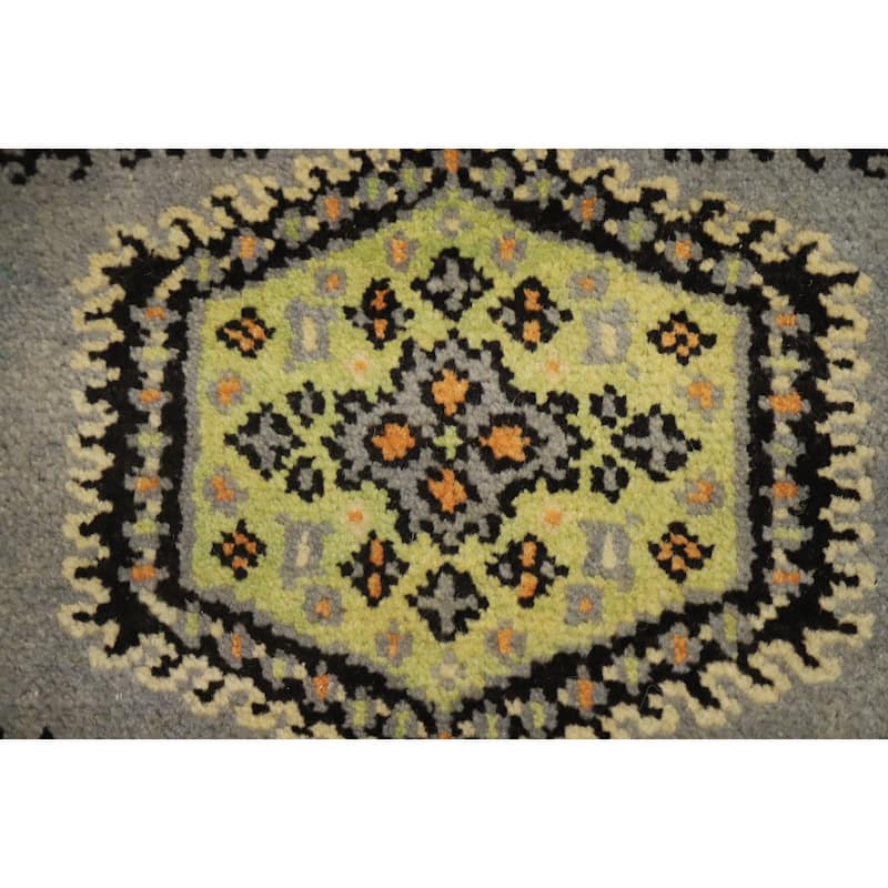 Hand Knotted Oriental 100% Wool Carpet Traditional Geometric Greys & Charcoal Viss Runner Rug - 7' 9'' X 2' 7''