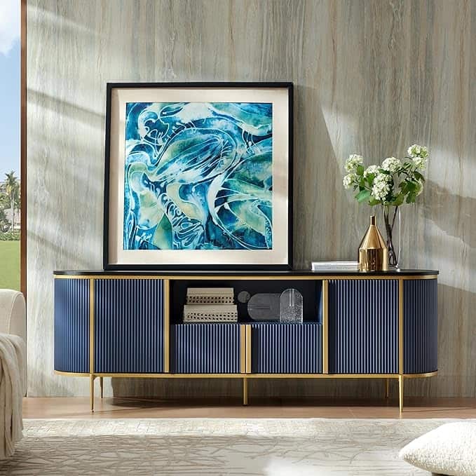 Modern Luxury TV Stand, Entertainment Cente, with Faux Marble Top